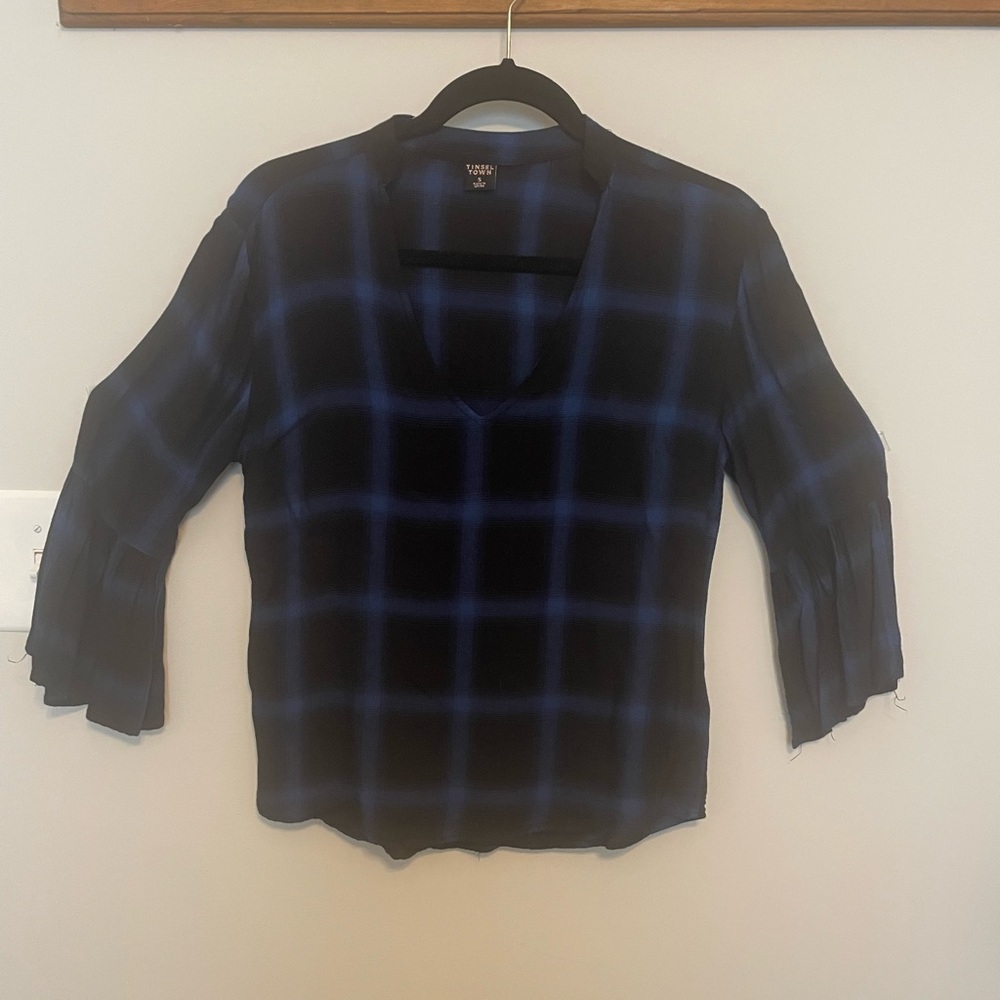Tinsel Town Small Blue Black Plaid Bell Flared 3/4 Sleeve Blouse Size S